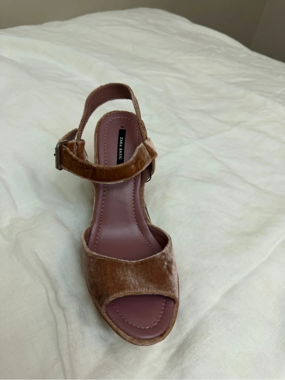 Zara Velvet Platform Block Heel Sandals in Dusty Rose